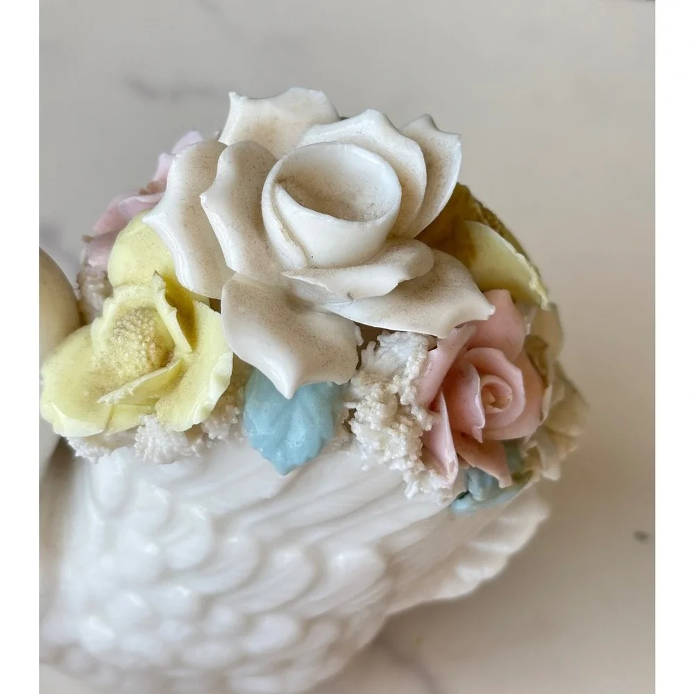 Vintage Porcelain Swan Figurine Applied Pastel Flowers
